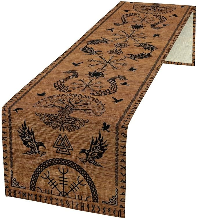 Viking Table Runners, Viking Tree of Life Raven Helmet of Awe Wood Print Table Runner for Home Kitchen Coffee Dining Room Bedroom Party 13x120in