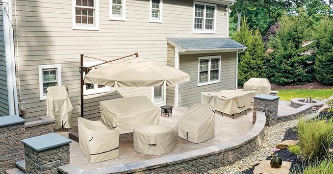 Porch Shield Fire Pit Cover - Waterproof 600D Heavy Duty Fade Resistant Round Patio Fire Bowl Cover Beige - 32 inch