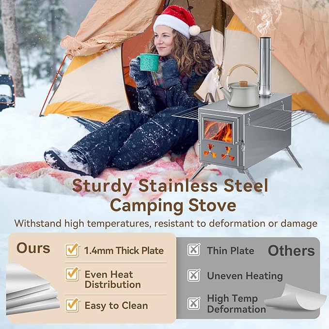 Hot Tent Stove, Camping Wood Burning Stove with 8 Stainless Chimney Pipes, Folding Portable Wood Stove for Tent, Outdoor Heating, Cooking, Ice Fishing, Hunting
