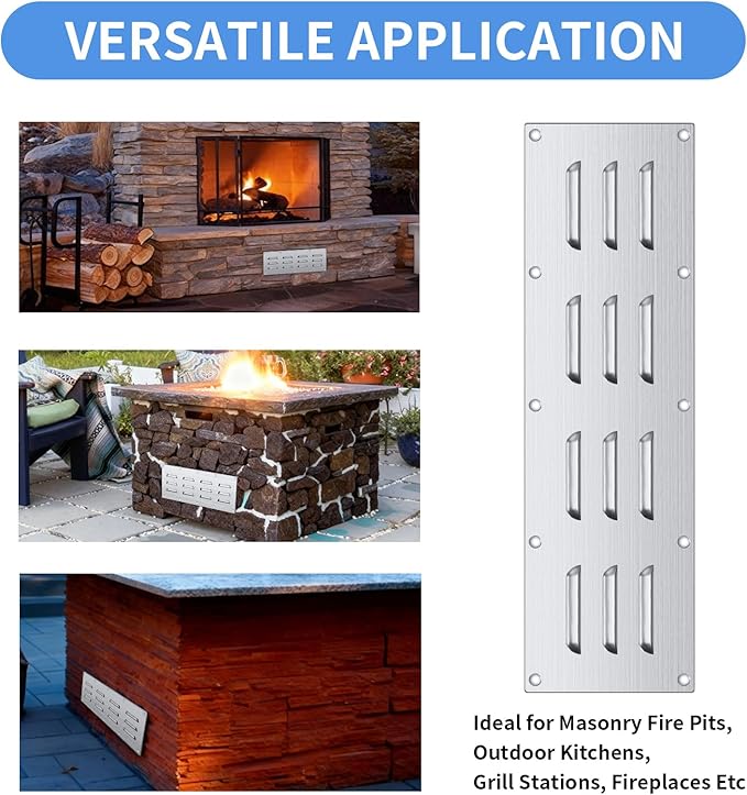 2 Pack Stainless Steel Venting Panel for BBQ Grill Accessory, 15x4.5 Inch (12-Slots), 304 Grade Metal Vent Cover for Masonry Fire Pits & Outdoor Kitchens, Weather Resistant, 15" by 4-1/2"
