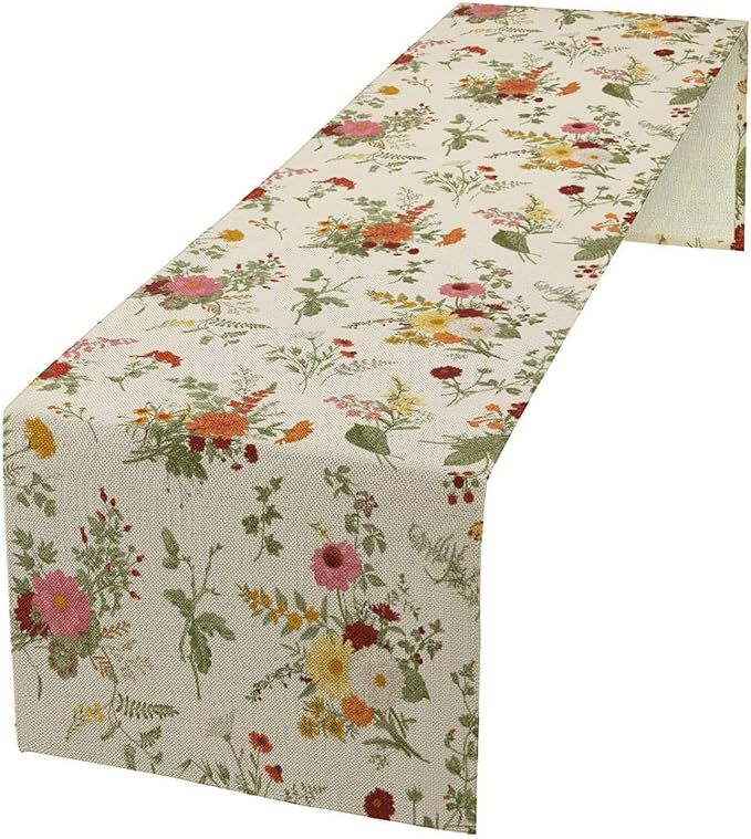 Vintage Flower Table Runner, Rustic Farmhouse Retro Garden Botanical Plants Herbs Wildflower Print Table Runner for Kitchen Dining Room Wedding Party Decor, 13x90inch