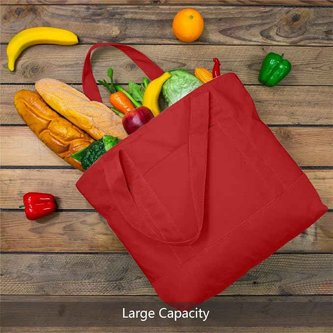 TOPDesign 3-Pack Canvas Tote Bags with an External Pocket, Reusable Grocery Shopping Bags, Top Zipper Closure, Daily Essentials (Red)