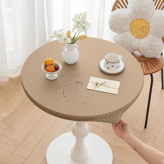 Round Fitted PU Tablecloth with High Elastic Edge 43 Inch Dia Waterproof Oil Proof Table Cloth Anti-scald Stain-Resistant Wipeable Table Cover for Indoor Outdoor Picnic (Cream Coffee,43"Dia)