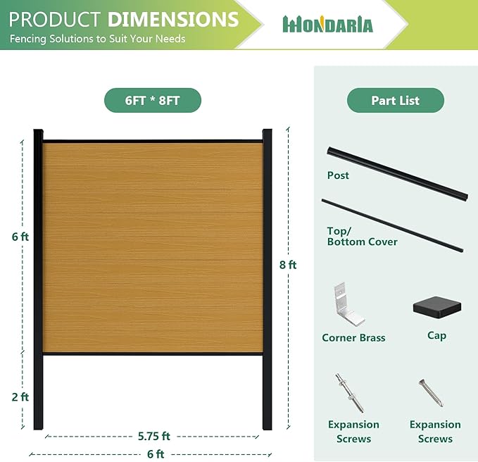 Mondaria Fence Privacy Screen with 8ft In-ground Posts, 6ft(H) x42ft(W) Wood Plastic Composite Fence Panels Weather-Resistant Outdoor Fence for Backyard/Garden (Yellow Teak, 8 Posts)