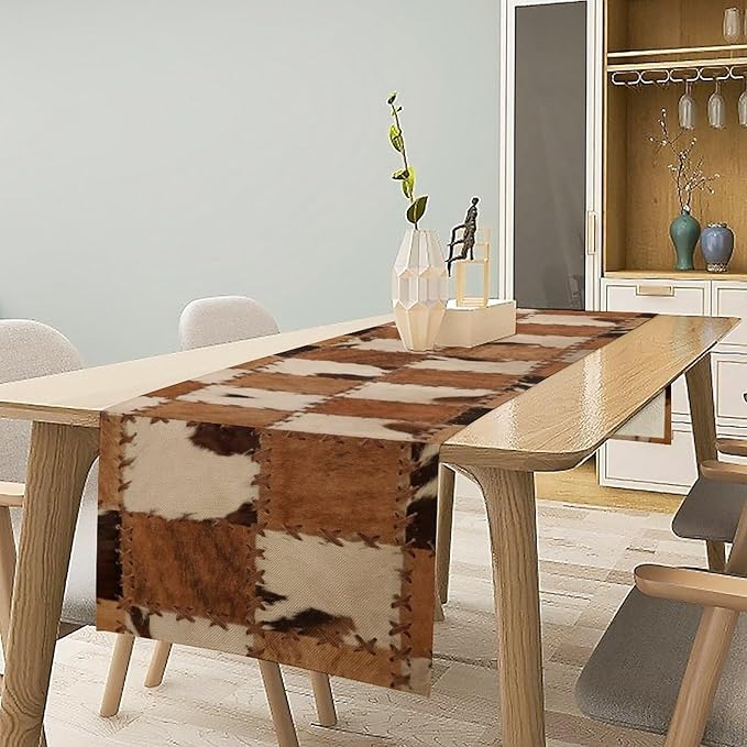 Cowhide Animal Table Runner, Vintage Western Cowboy Patchwork Fur Table Runner for Kitchen Farmhouse Dining Home Banquet Party 13x36in