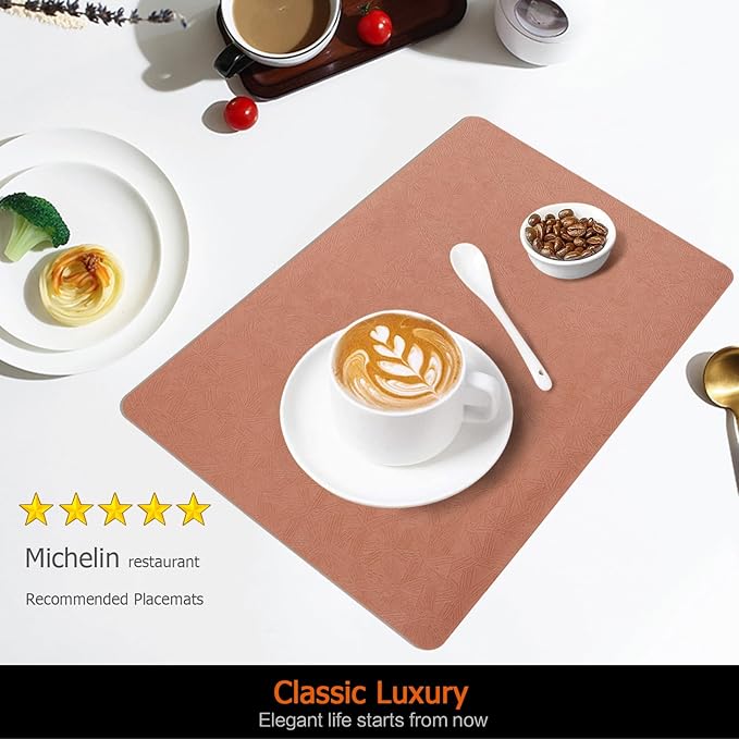 Vinyl Placemats Set of 8 Faux Leather 100% Waterproof Wipeable Washable Place Mats Heat Resistant Easy Clean Non-Slip Table Mats for Indoor Outdoor.(8, Coral)