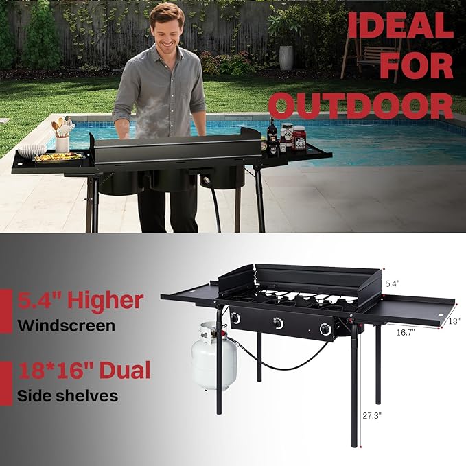 3 Burner Propane Camp Stove | 225,000 BTU Gas Burners | Side Shelves | Windscreen | Waterproof Cover | Detachable Legs | Ideal for Camping Backyard Outdoor Cooking