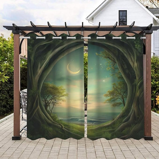 Forest Theme Waterproof Indoor/Outdoor Curtains,Trees Moon Lake Pattern,Waterproof, Privacy, Grommet Curtains for Patio, Pergola, Porch, Deck, Lanai, Cabana,2 Panel,W42 x L63,Green
