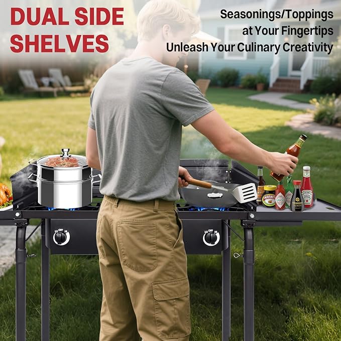 3 Burner Propane Camp Stove | 225,000 BTU Gas Burners | Side Shelves | Windscreen | Waterproof Cover | Detachable Legs | Ideal for Camping Backyard Outdoor Cooking