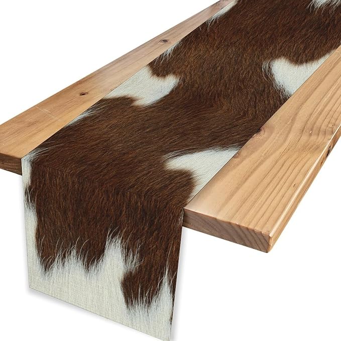 Cow Print Table Runner, Brown Cowhide Print Western Style Table Runner Country Farmhouse Cottage Cow Pattern Linen Table Decoration for Home Kitchen Dining 13x72