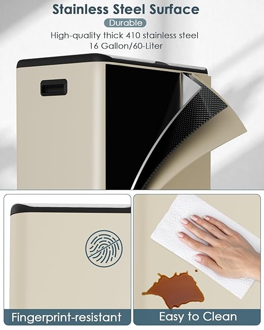 Arlopu 16Gal Dual Trash Can w/2 Built-in Box for Odor Control, Hands-Free Kitchen Garbage Bin, Recycle Waste Dustbin, Soft-Close Lid, 2 Buckets,Foot Pedal, Side Handle, Airtight,for Home (Beige)