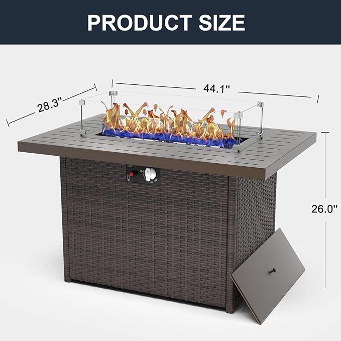 44 Inch Propane Gas Fire Pits Table for Outside Patio, 60000 BTU Rectangular Outdoor Wicker Rattan Fire Pit with Glass Wind Guard