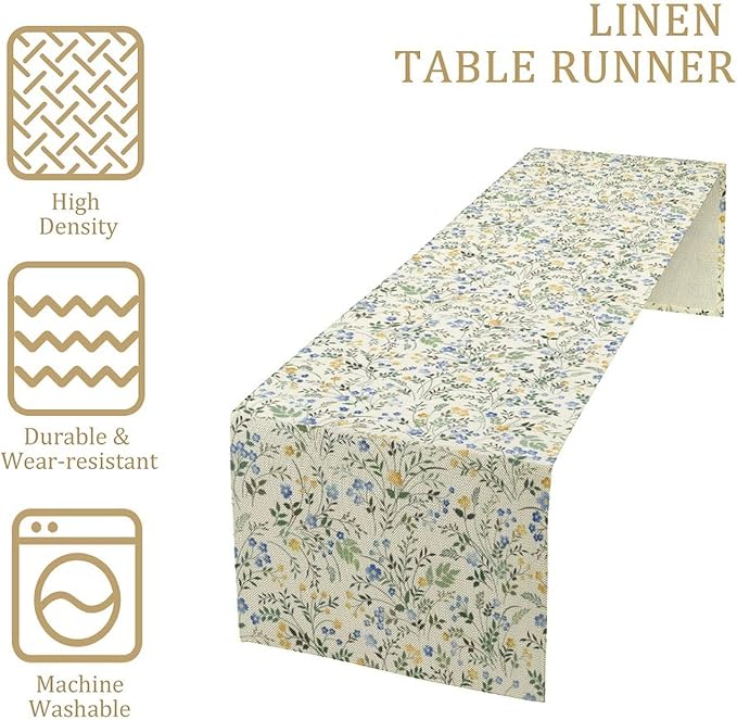 Rustic Flower Table Runner, Spring Sage Green Eucalyptus Leaves Watercolor Floral Flower Plant Leaves Print Table Cover for Dinning Holiday Home Picnic Party Decor, 13x108inch
