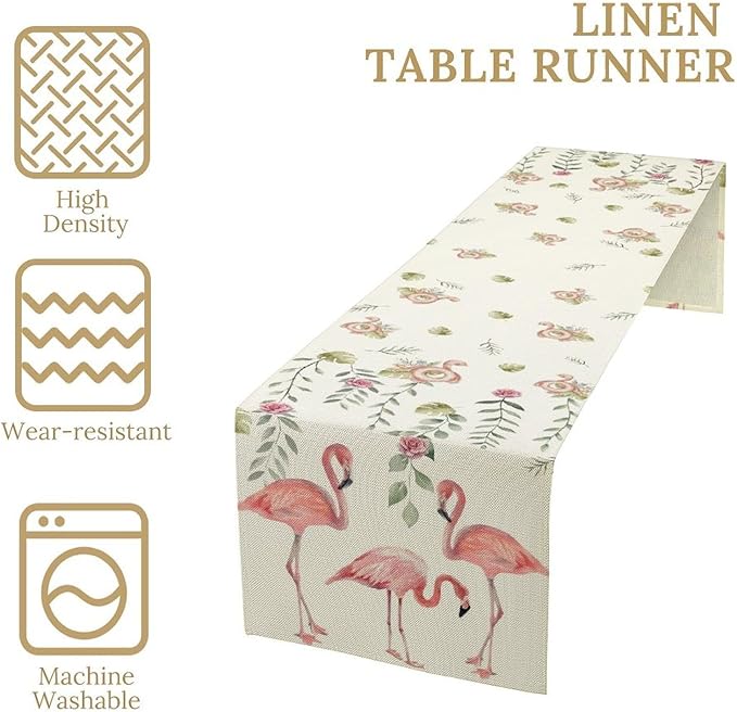 Flamingo Table Runner,Rustic Boho Grey Leaf Pink Rose Floral Tropical Bird Pattern Table Center Decor for Family Kitchen and Living Room Outdoor Farmhouse Party Table Decorations, 13"x90"