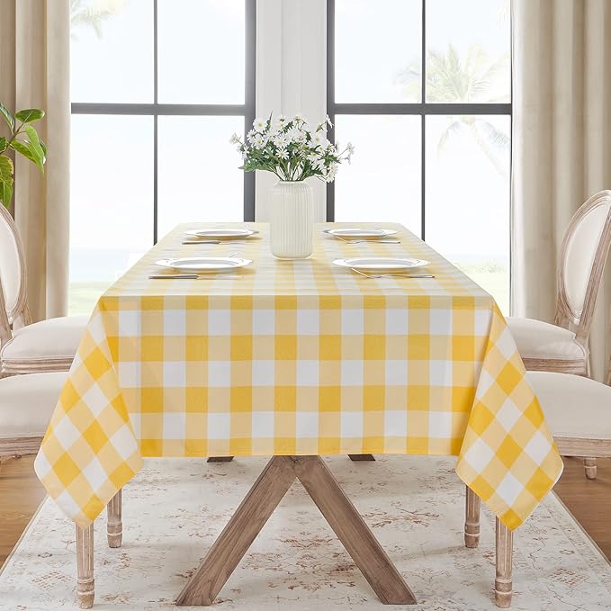 Softalker Gingham Checkered Tablecloth Rectangle - Outdoor Waterproof Buffalo Plaid Table Cloth, Stain Resistant Washable Table Cover for Picnic, Camping, Dining - Yellow and White, 54 x 108 Inch