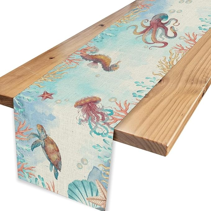 Blue Coastal Table Runner, Nautical Starfish Turtle Seashell Coral Shell Beach Ocean Dining Table Runner for Coffee Table Home Party Decor 13"x108"
