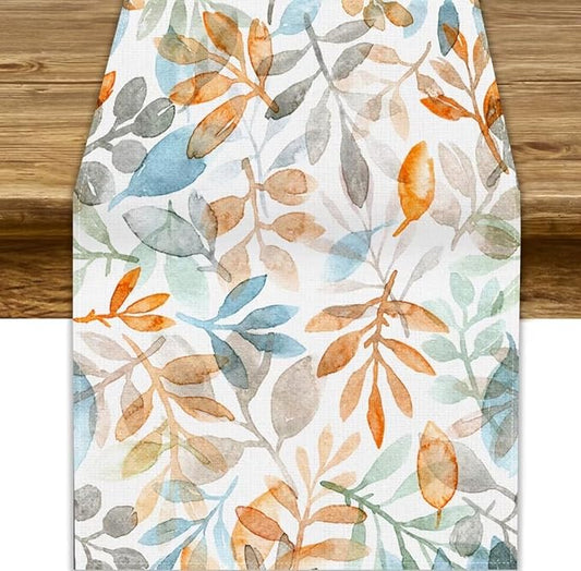Fall Eucalyptus Leaf Table Runner, Autumn Orange Blue Leaves Harvest Thanksgiving Table Runner for Holiday Dining Room Kitchen Table Party Decoration, 13x60inch