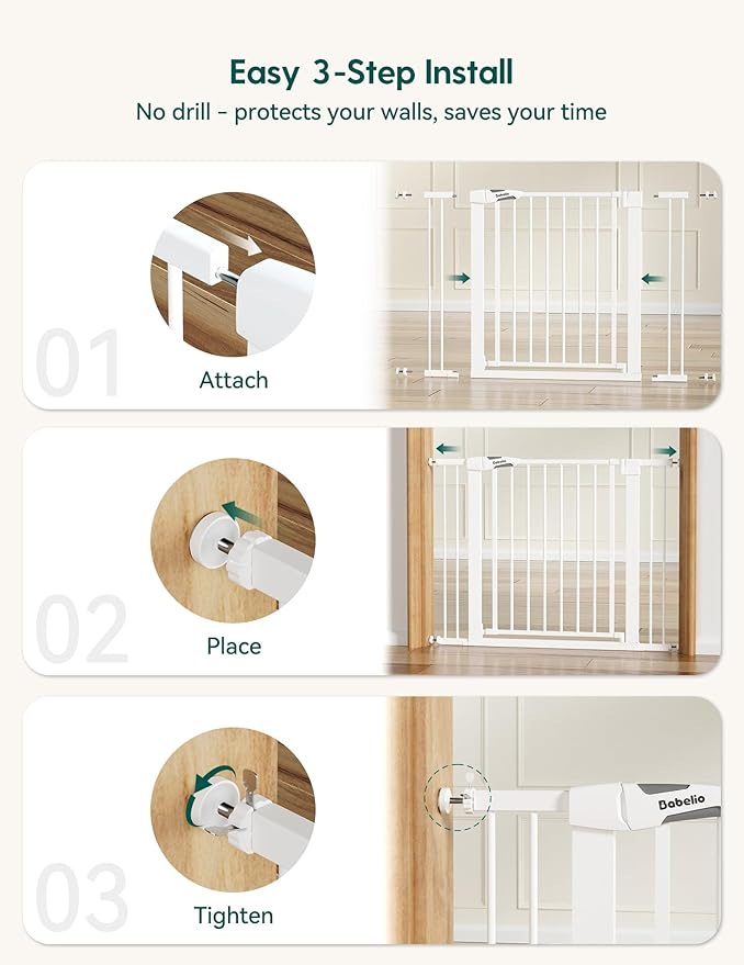 BABELIO Safety Gate Door Fits for Stairs, Narrow and Wide Doorways with Auto Close, Easy Install, No Drilling, Pressure Mounted for Baby, Child, Pets, Dog/Puppy, 26''-40'', White