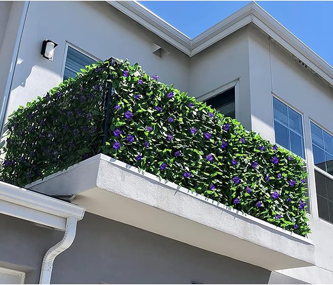 Expandable Fence Privacy Screen for Balcony Patio Outdoor,Decorative Faux Ivy Fencing Panel,Artificial Hedges (Single Sided Leaves) (2, Green Flowers)