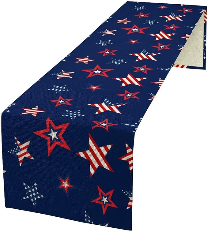 4th of July Patriotic Table Runner, Memorial Day Independence Day Freedom Stars Table Runner for Indoor Kitchen Dining Outdoor Holiday Party 13x70in