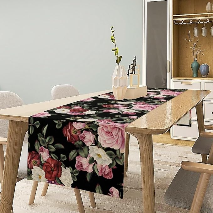Gothic Floral Table Runner,Vintage Pink Red Rose Flower Print Table Runner for Kitchen Dining Table Indoor Outdoor Home Party Decor,Black 13x60in