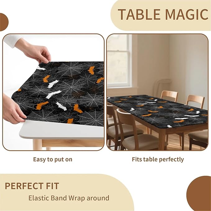 Rectangle Table Cloth Cover Waterproof Elastic Fitted Polyester Fitted Tablecloths for 8 Foot Tables for Indoor,Picnic, Camping, Outdoor （96" x 30"，Halloween）