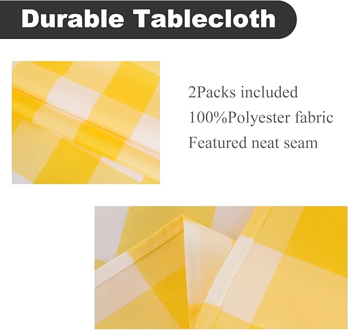 Cupuamon 2 Pack Waterproof Polyester Fabic Rectangle Checkered Tablecloth，60x102 Outdoor Table Cloth，Oil Stain Prevention Table Cloth for Pinics and Parties（Yellow and White）