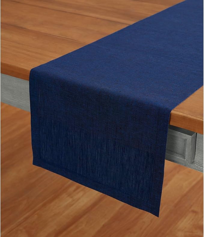 Solino Home Linen Royal Blue Table Runner 120 Inches Long - Athena, 100% Pure Linen Dining Table Runner 14 x 120 Inch for Winter