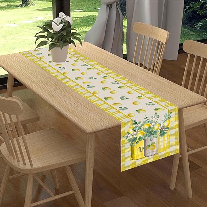 Lemon Table Runner, Farmhouse Yellow Buffalo Plaid Seasonal Summer Spring Fruits Lemon Coffee Table Center Decor for Home Kitchen Dining Party Patio Indoor Outdoor Table Decorations, 13"x108" Inch