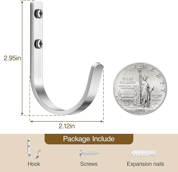 10-Pack Wall Hooks for Hanging Towel/Coat - 22LB Screw in Metal Hanger Wall Mount, for Outdoor, Closet, Door, Bathrooms, for Backpack, Robe, Silver