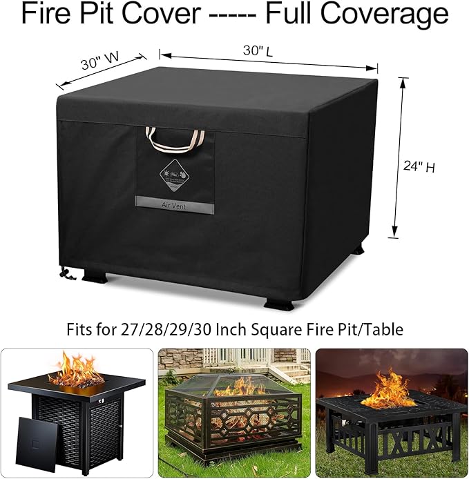 QH.HOME Fire Pit Cover Square Heavy Duty Fabric 100% Waterproof, Fits Outdoor for 29”,30 inch Fire Pit/Table Cover,Gas Fire Pit Cover (30”L x 30”W x 24”H,Black)