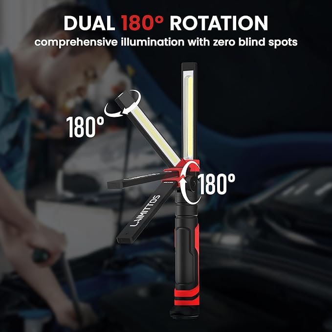 Rechargeable LED Work Light, Magnetic Flashlight Mechanic Light Tool for Men Him, Foldable Lamp with Hook for Car Repair Emergency BBQ Grill (2 Pack)