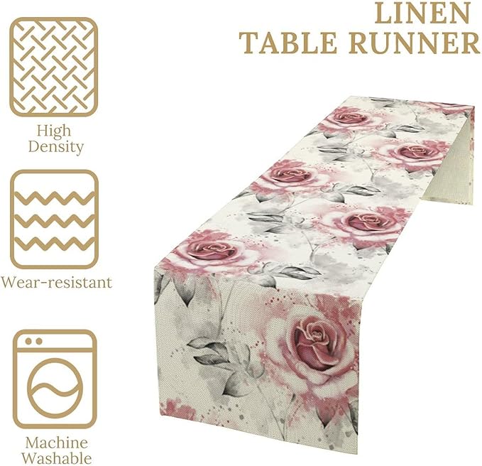 Pink Rose Floral Table Runner,Abstract Watercolor Flower Pattern Modern Romantic Kitchen Dining Table Decoration for Wedding Holiday Home Party 13x108in
