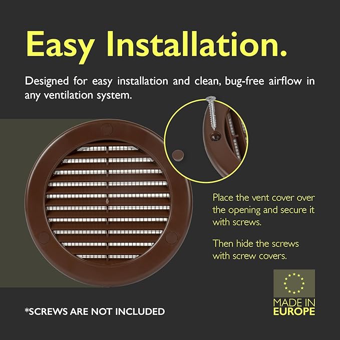 4 Inch [Opening] Brown Air Vent Cover – Pack of 5 – Plastic Round Air Vent Grill Cover for Wall or Ceiling, Built-in Mesh Screen/HVAC Return Air Register – Modern Louvered Design