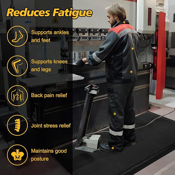 Nisorpa Anti Fatigue Mats Industrial 3' x 6' Ergonomic Standing Mat 15/16" Extra Thick Kitchen Mat for Standing Heavy Duty Commercial Diamond Plate Border Safety Support for Leg & Back Pain, Black