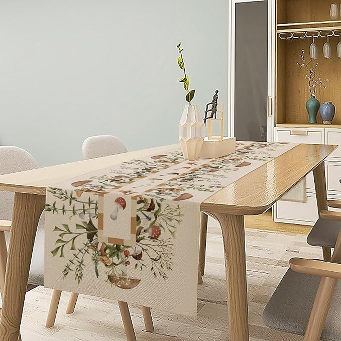 Wild Mushroom Table Runner, Retro Floral Plants Botanical Print Table Cover for Kitchen Dining Table Wedding Home Party Decor, 13x90inch