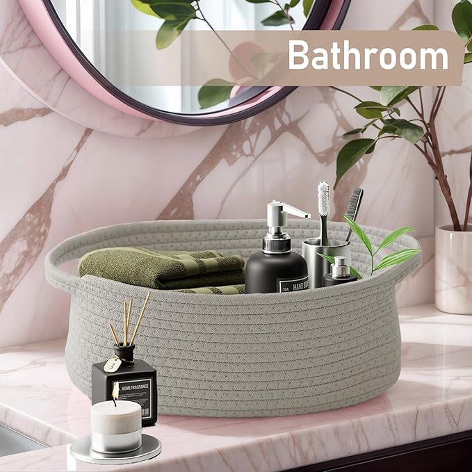 Woven Basket,Small Rope Storage Bin with Handles & Ribbon Bag, Organizer for Shelves Closets,Gift Basket Empty for Birthday,Books,Dog Toys, Grey/2 Pack
