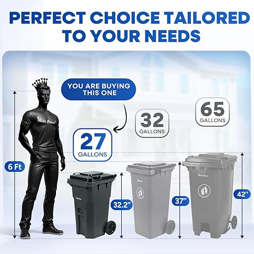 27 Gallon Outdoor Trash Can with Lid and Wheels Small Outdoor Garbage Can with Wheels Outside Heavy-Duty Rolling Trash Bin for Home Office Commercial Use, Gray