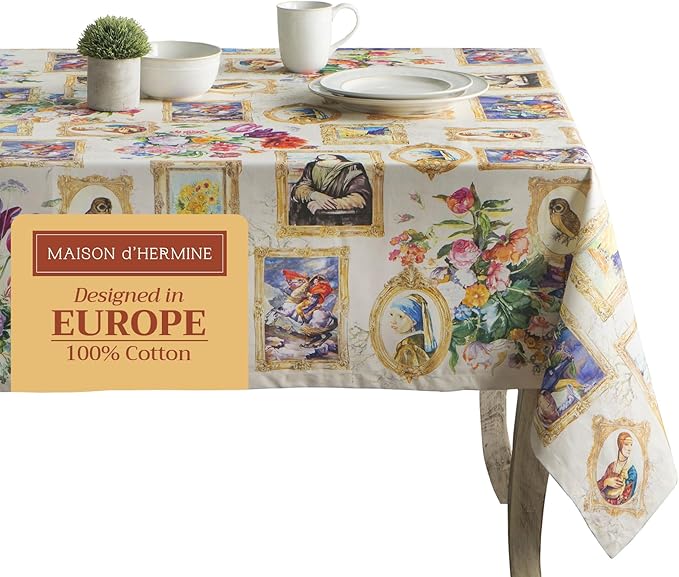 Maison d' Hermine Table Cloth Square Table 100% Cotton 60 x 60 Inches Tablecloth Reusable Decorative Everyday Use for Dining Room, Farmhouse, Home, Party, Festive & Wedding Spring Summer - Masterpiece