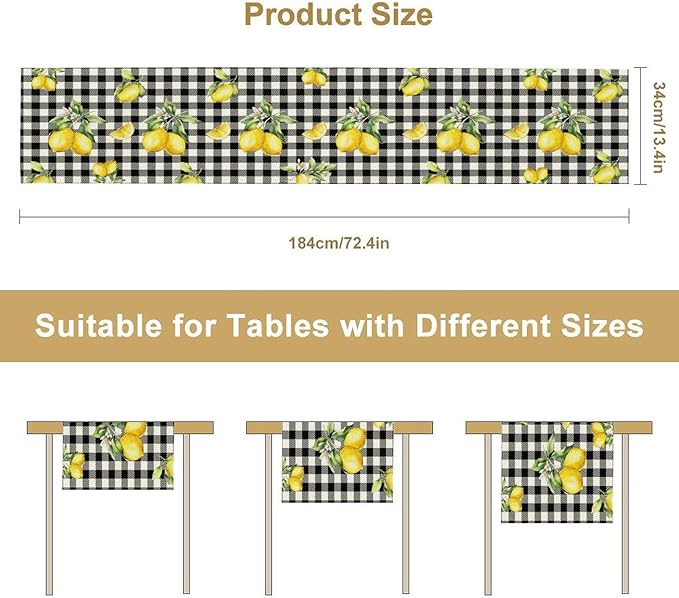 Fresh Lemon Table Runner, Yellow Lemon Black White Buffalo Check Plaid Table Runner for Farmhouse Coffee Home Kitchen Dining 13x90in