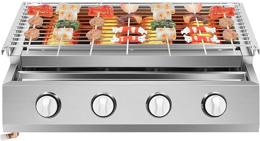 Gas BBQ Grill, Tabletop Outdoor Barbecue Grill with Food Tray Adjustable Height & 4 Independent Temp Control, Portable Stainless Steel Cooking BBQ Griddle For Camping Gatherings and Outdoor Activities