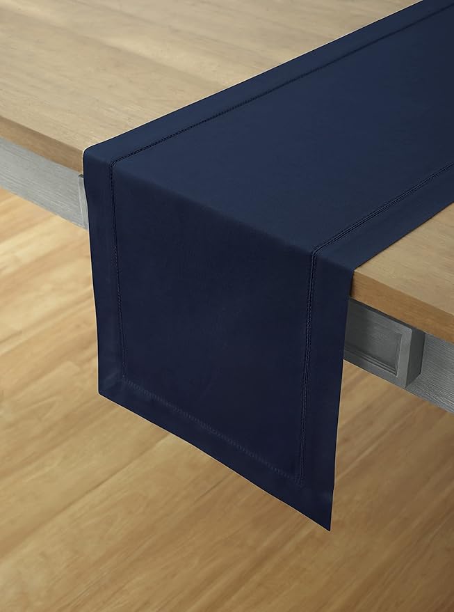 Solino Home Navy Blue Table Runner 108 Inches Long - Cotton Linen Hemstitch 14 x 108 Inch Table Runner for Dining, Spring, Easter, Winter