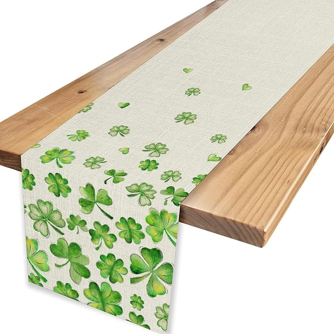 St.Patrick's Day Table Runner,Rustic Green Clover Seasonal Leaves White Green Table Center Decor for Family Kitchen and Living Room Outdoor Farmhouse Party Table Decorations, 13"x90"