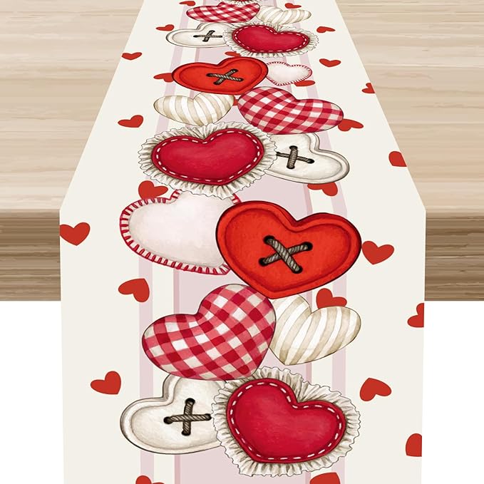 Valentines Day Table Runner,Rustic Red Heart Buttons Runner for Table Seasonal Romantic Decor for Indoor Outdoor Dining Table Decorations, 13"x90"