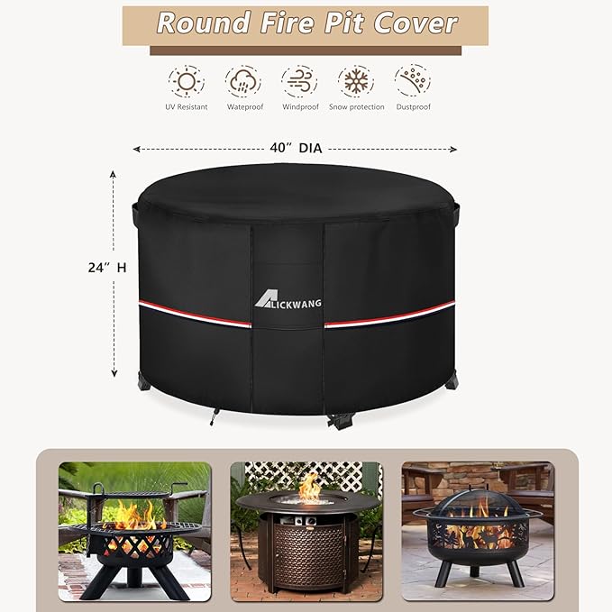 Fire Pit Cover Round 40 Inch Waterproof,Outdoor Heavy Duty Durable 600D Tear-Resistant Fire Pit Table Cover,Patio Round Firepit Cover 40" D x 20" H, Black