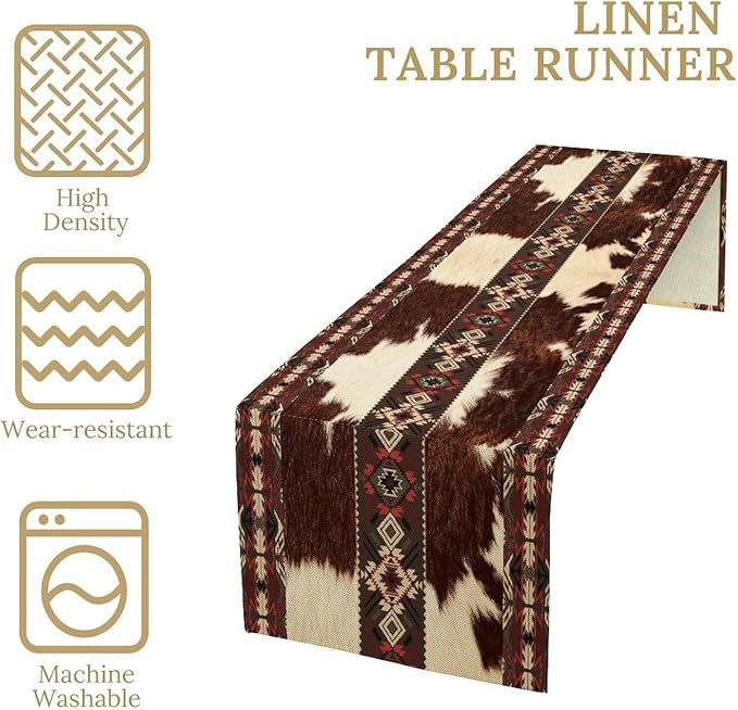 Cowhide Table Runner, Brown Cow Western Exotic Aztec Wild Animals Skin Table Runner for Kitchen Farmhouse Dining Home Outdoor Party 13x90in