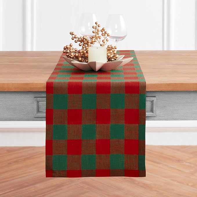 Solino Home Linen Checkered Table Runner 132 Inches Long - 100% Pure Linen Red and Green Buffalo Check Extra Long Table Runner 14 x 132 Inch Ideal for Dining