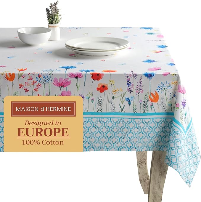 Maison d' Hermine Table Cloth Rectangle Table 100% Cotton 60 x 108 Inches Tablecloth Reusable for Dining Room, Farmhouse, Home, Party, Festive & Wedding Spring Summer - Flower in The Field