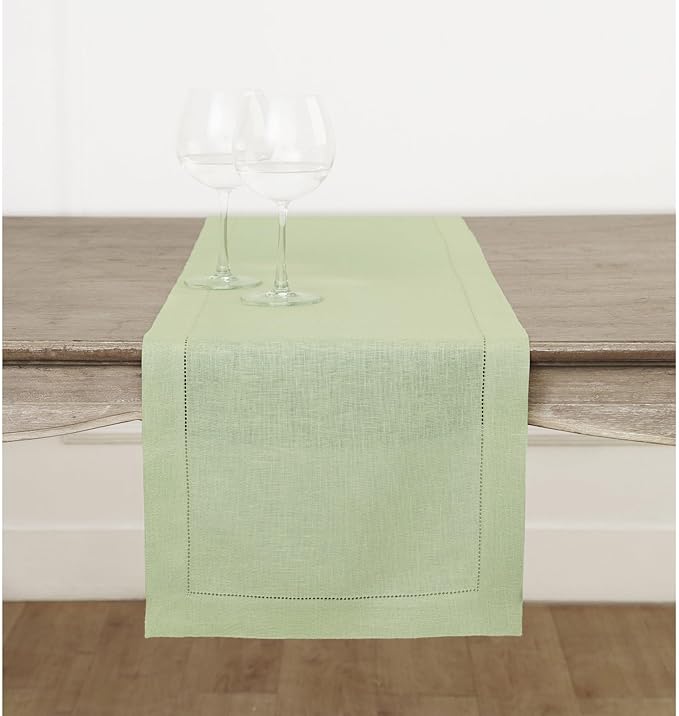 Solino Home Linen Table Runner 36 Inches - 100% Pure Linen Sage Green Table Runner 14 x 36 Inch Ideal for Dresser and Coffee Tables - Winter, Spring, Easter, St Patricks Day - Classic Hemstitch
