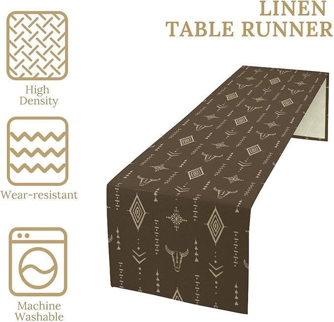 Western Cow Skull Table Runner,Vintage Boho Aztec Cow Ethnic Pattern Printed Table Runner for Home Kitchen Dining Farmhouse Coffee 13x70in